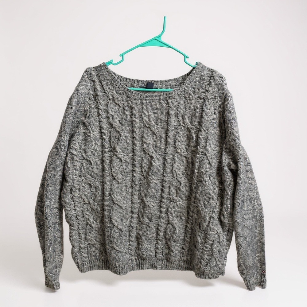 Tommy Hilfiger Women's Cable Knit Sweater XXL Grey Marled Long Sleeve‎ Crew Neck